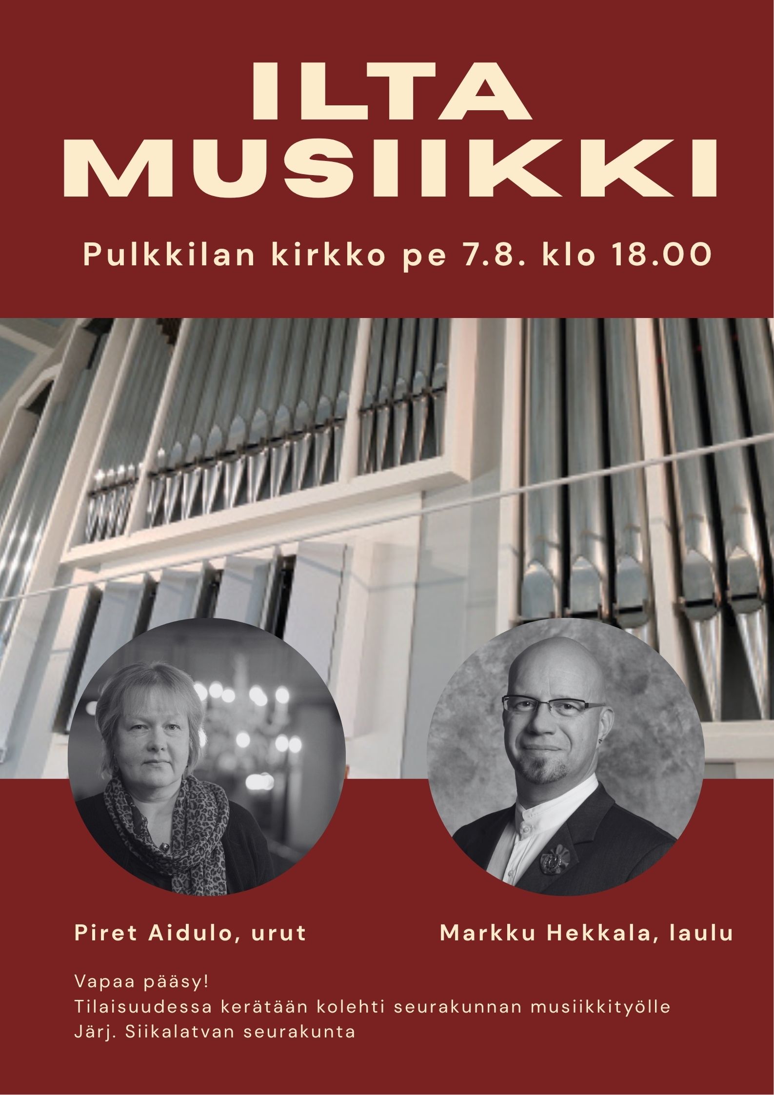 Piret Aidulo ja Markku Hekkala musisoivat Pulkkilan kirkossa pe 7.8. klo 18.00
